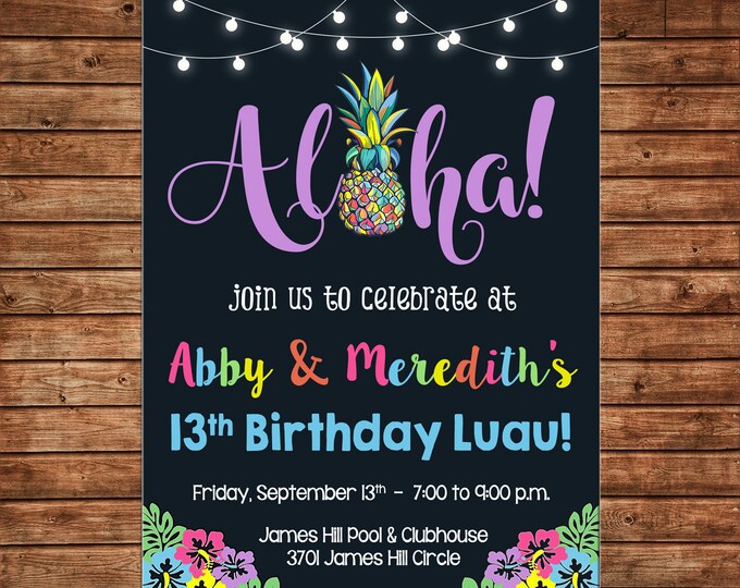 Invitation Pineapple Aloha Luau Pool Birthday Party - Can personalize colors /wording - Printable File or Printed Cards