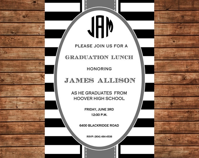 Boy Invitation Monogram Graduation Brunch Shower Birthday Party - Can personalize colors /wording - Printable File or Printed Cards