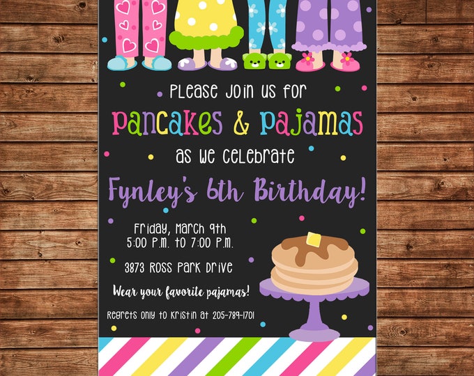 Girl Invitation Colorful Pajamas and Pancakes Birthday Party - Can personalize colors /wording - Printable File or Printed Cards