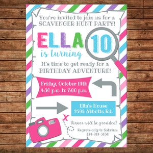 Girl Invitation Scavenger Hunt Map Camera Birthday Party - Can personalize colors /wording - Printable File or Printed Cards