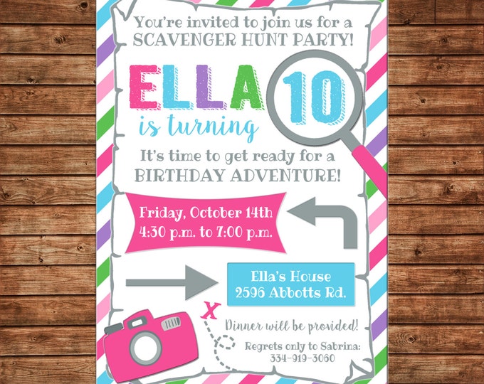 Girl Invitation Scavenger Hunt Map Camera Birthday Party - Can personalize colors /wording - Printable File or Printed Cards