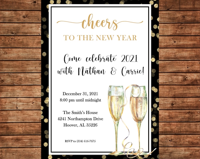 Invitation Glitter Confetti Champagne Anniversary Wedding Party New Year - Can personalize colors /wording - Printable File or Printed Cards