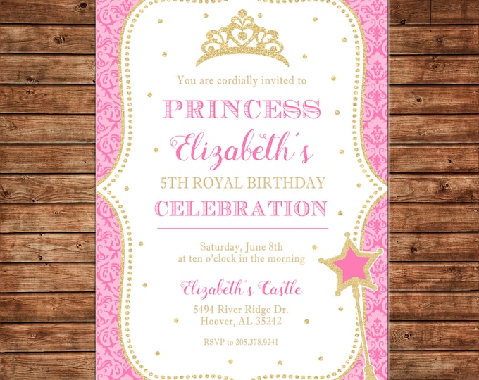 Girl Invitation Princess Royal Celebration Pink Gold Birthday Party - Can personalize colors /wording - Printable File or Printed Cards