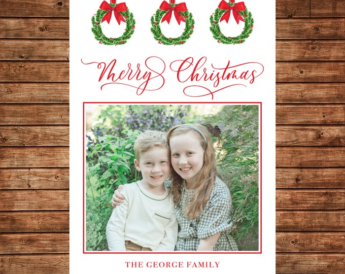 Christmas Holiday Photo Card Watercolor Wreath Preppy  - Can Personalize - Printable File