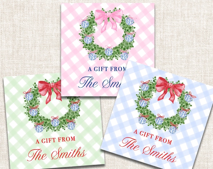 Personalized Christmas Gift Tags, Christmas Enclosure Cards, Christmas Gift Stickers, Chinoiserie Wreath Design