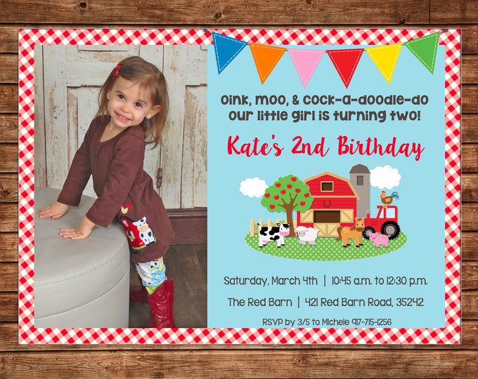 Boy or Girl Photo Invitation Barnyard Barn Petting Zoo Farm Birthday - Can personalize colors /wording - Printable File or Printed Cards