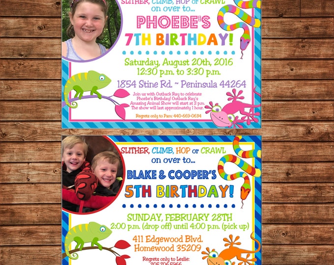 Boy or Girl Photo Invitation Reptile Snake Lizard Birthday Party - Can personalize colors /wording - Printable File or Printed Cards