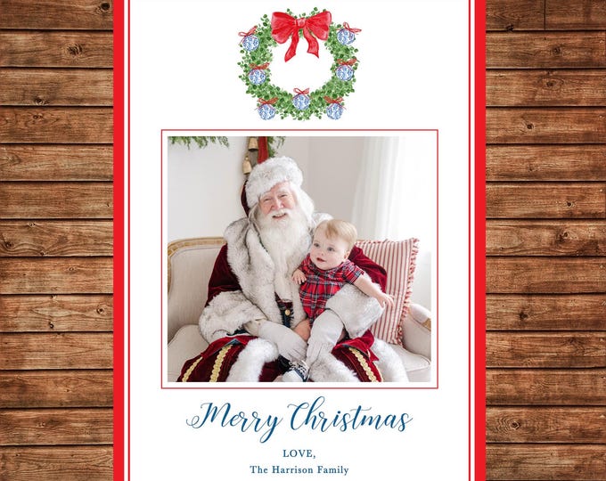 Christmas Holiday Photo Card Watercolor Chinoiserie Wreath Preppy - Can Personalize - Printable File