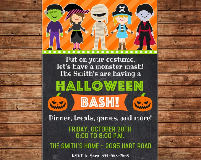 Boy or Girl Invitation Halloween Costume Trick or Treat Birthday Party - Can personalize colors /wording - Printable File or Printed Cards