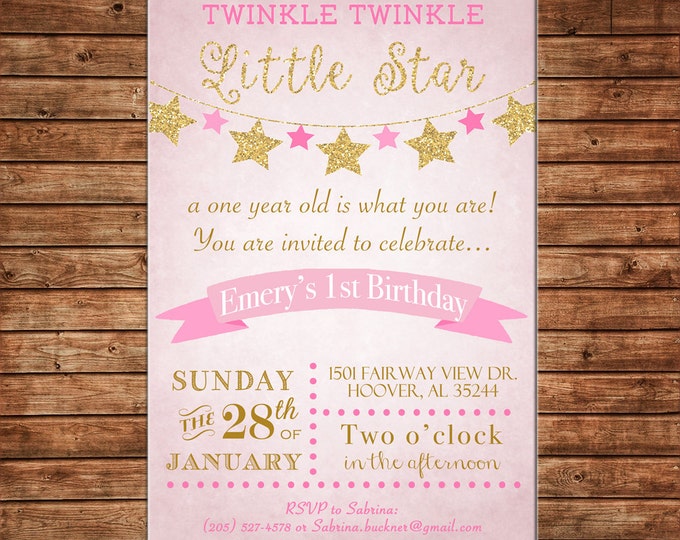 Girl Invitation Twinkle Star Baby Shower Birthday Party - Can personalize colors /wording - Printable File or Printed Cards