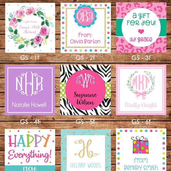 24 Square Personalized Girl Enclosure Cards, Gift Stickers, Gift Tags