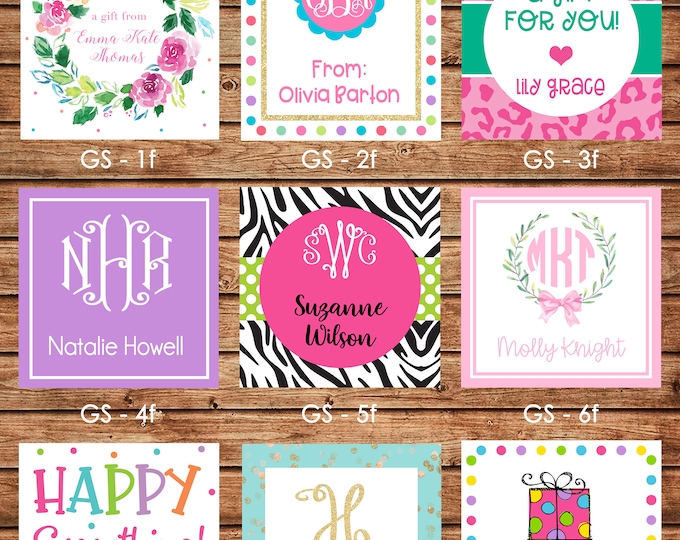 24 Square Personalized Girl Enclosure Cards, Gift Stickers, Gift Tags