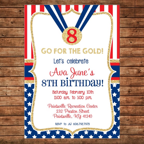 Girl or Boy Invitation Red White Blue Gold USA Olympics Birthday Party - Can personalize colors /wording - Printable File or Printed Cards