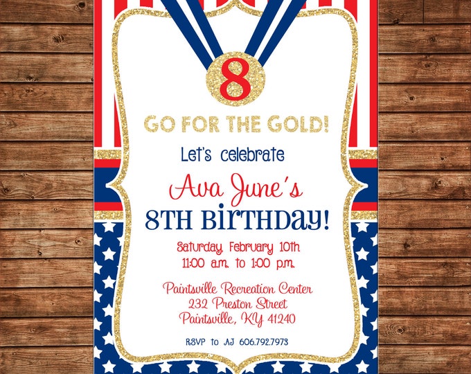 Girl or Boy Invitation Red White Blue Gold USA Olympics Birthday Party - Can personalize colors /wording - Printable File or Printed Cards