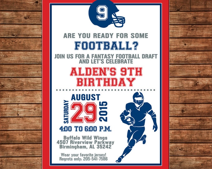 Boy Invitation Tailgate Sports Team Football Birthday Party - Can personalize colors /wording - Printable File or Printed Cards