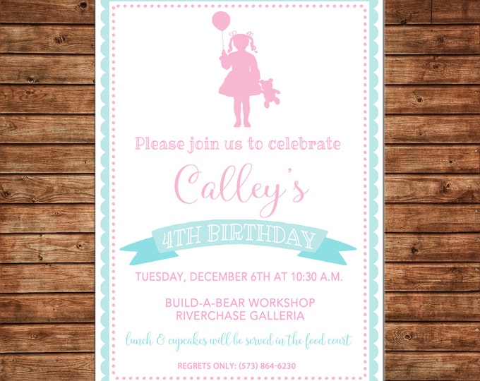 Girl Invitation Bear Teddy Silhouette Birthday Party - Can personalize colors /wording - Printable File or Printed Cards