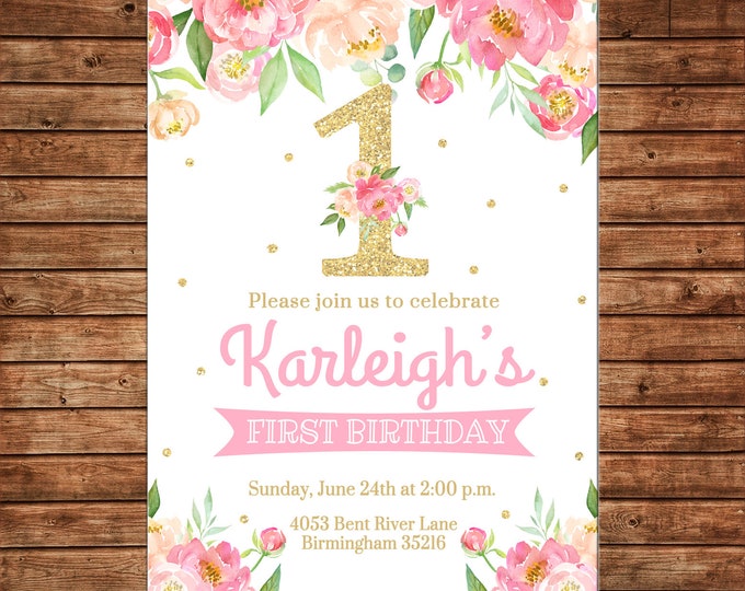 Girl Invitation Watercolor Flowers Gold Glitter 1st Birthday Party - Can personalize colors /wording - Printable File or Printed Cards
