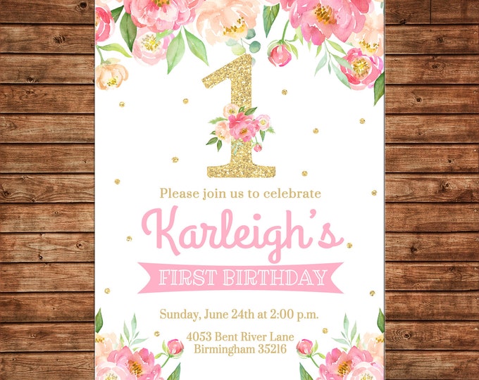 Girl Invitation Watercolor Flowers Gold Glitter 1st Birthday Party - Can personalize colors /wording - Printable File or Printed Cards