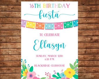 Invitation Mexican Fiesta Birthday Shower Preppy - Can personalize colors /wording - Printable File or Printed Cards