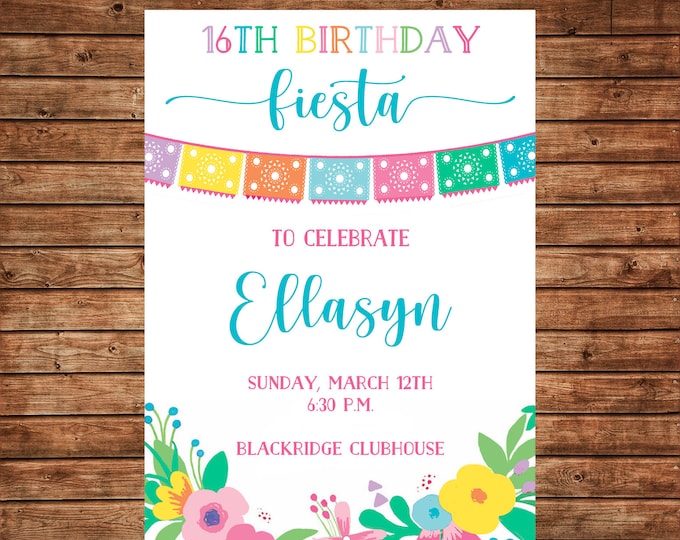 Invitation Mexican Fiesta Birthday Shower Preppy - Can personalize colors /wording - Printable File or Printed Cards