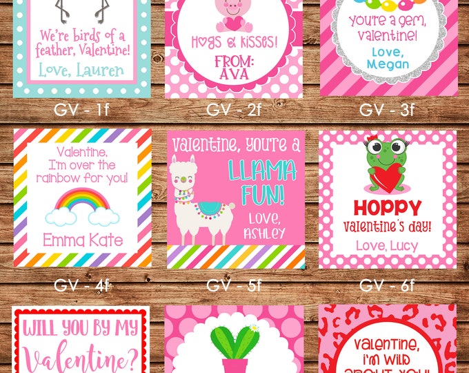 24 Square Girl Valentine Enclosure Cards, Gift Stickers, Gift Tags
