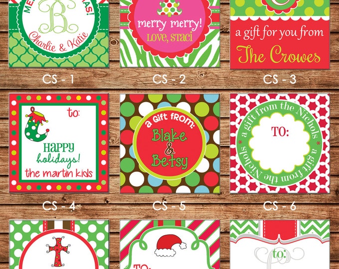 24 Square Personalized Christmas Red Green Enclosure Cards, Gift Stickers, Gift Tags