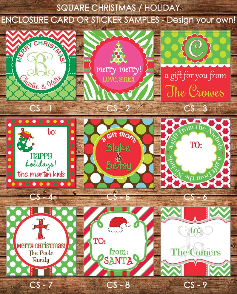 24 Square Personalized Christmas Red Green Enclosure Cards, Gift Stickers, Gift Tags 