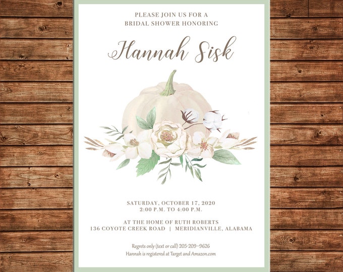 Invitation Watercolor Pumpkin Fall Floral Wedding Bridal Baby Shower - Can personalize colors /wording - Printable File or Printed Cards
