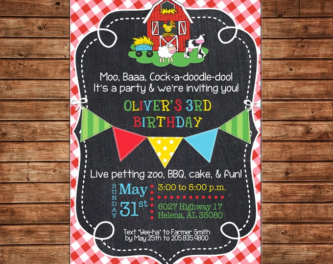 Boy or Girl Invitation Farm Barn Petting Zoo Gingham Birthday Party - Can personalize colors /wording - Printable File or Printed Cards