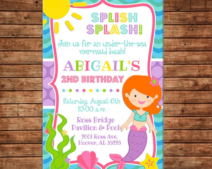 Girl Invitation Mermaid Under Sea Pool Birthday Party - Can personalize colors /wording - Printable File or Printed Cards