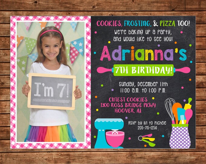 Girl Photo Invitation Baking Cooking Bake Birthday Party - Can personalize colors /wording - Printable File or Printed Cards