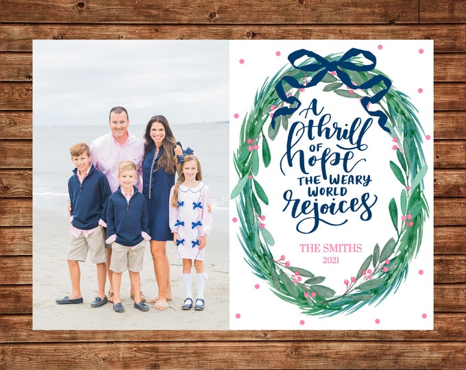 Christmas Holiday Photo Card Navy Pink Watercolor Wreath - Can Personalize - Printable File