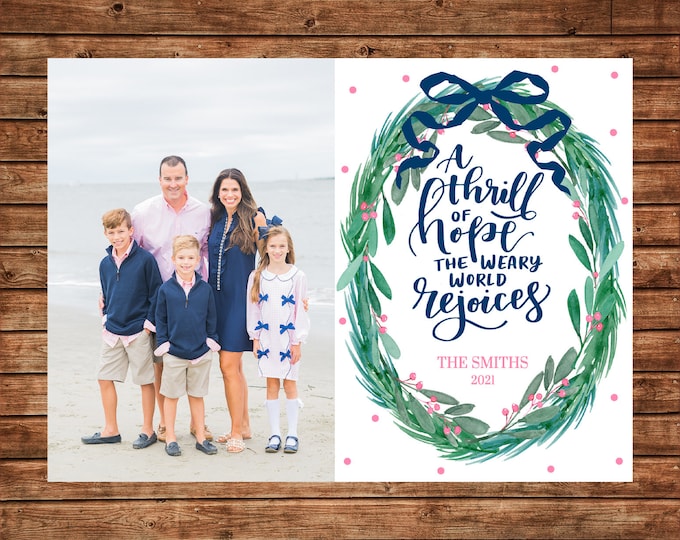 Christmas Holiday Photo Card Navy Pink Watercolor Wreath - Can Personalize - Printable File