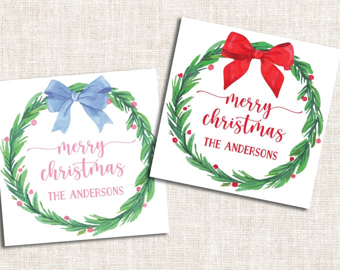 Personalized Christmas Gift Tags, Christmas Enclosure Cards, Christmas Gift Stickers, Watercolor Christmas Wreath