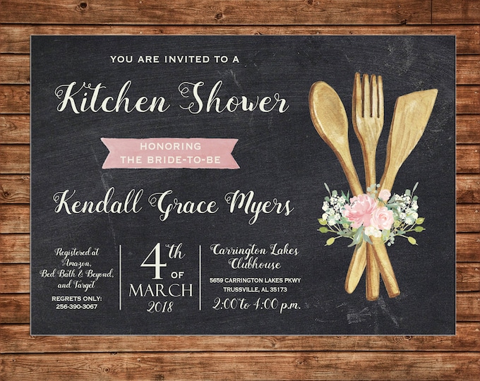 Invitation Watercolor Floral Kitchen Bridal Shower Wedding Party - Can personalize colors /wording - Printable File or Printed Cards