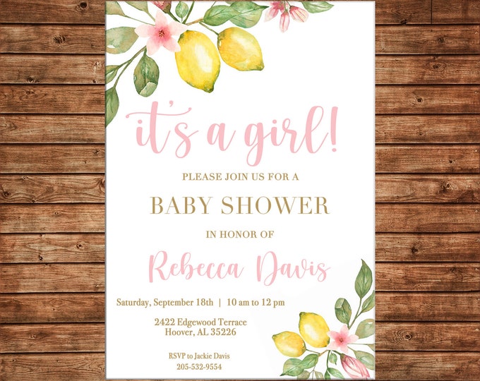 Invitation Watercolor Floral Lemon Baby Bridal Brunch Shower Party  - Can personalize colors /wording - Printable File or Printed Cards