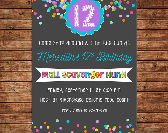 Girl Invitation Mall Shopping Scavenger Hunt Birthday Party - Can personalize colors /wording - Printable File or Printed Cards