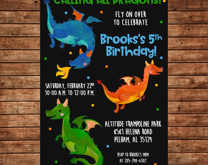 Boy Invitation Watercolor Dragon Birthday Party - Can personalize colors /wording - Printable File or Printed Cards