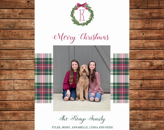 Christmas Holiday Photo Card Tartan Plaid Wreath - Can Personalize - Printable File