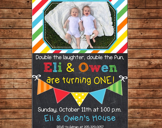 Boy or Girl Photo Invitation Twins Siblings Birthday Party - Can personalize colors /wording - Printable File or Printed Cards