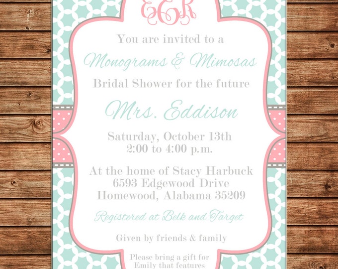 Invitation Monograms Mimosas Baby Bridal Wedding Shower - Can personalize colors /wording - Printable File or Printed Cards