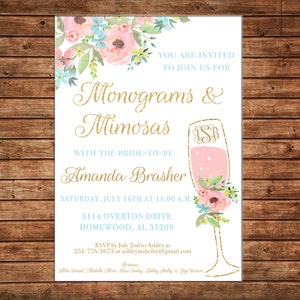 Invitation Watercolor Monograms Mimosas Watercolor Floral Shower Can personalize colors /wording Printable File or Printed Cards image 1