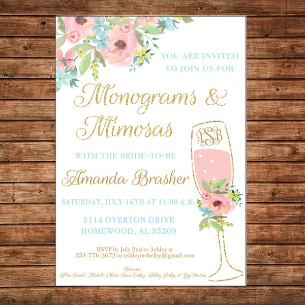 Invitation Watercolor Monograms Mimosas Watercolor Floral Shower - Can personalize colors /wording - Printable File or Printed Cards