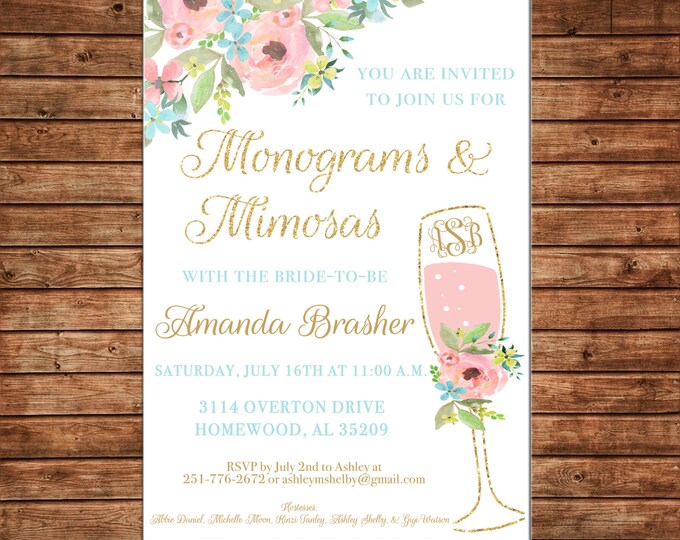 Invitation Watercolor Monograms Mimosas Watercolor Floral Shower - Can personalize colors /wording - Printable File or Printed Cards