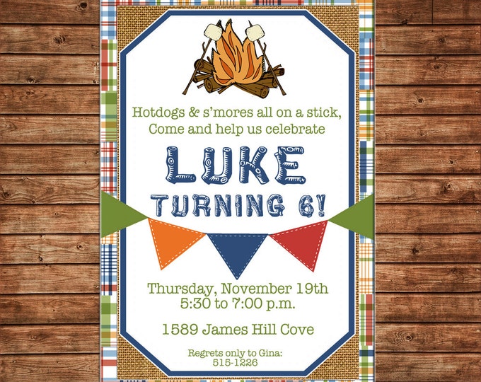 Boy Invitation Madras Plaid Camping Campfire Smores Birthday Party - Can personalize colors /wording - Printable File or Printed Cards