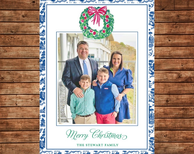 Christmas Holiday Photo Card Blue Chinoiserie Watercolor Wreath - Can Personalize - Printable File