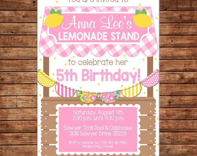 Girl Invitation Lemonade Stand Lemon Gingham Bunting Birthday Party - Can personalize colors /wording - Printable File or Printed Cards