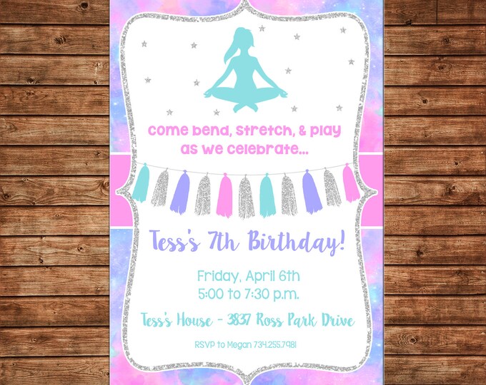 Girl Invitation Yoga Pilates Watercolor Glitter Birthday Party - Can personalize colors /wording - Printable File or Printed Cards
