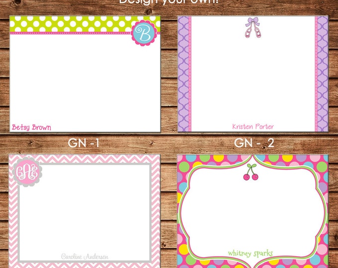 Personalized Girl Flat Notes Notecards Stationery with Envelopes - Design your own - Choose ONE DESIGN