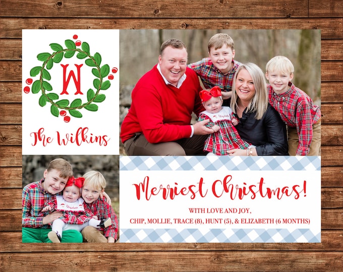 Christmas Holiday Photo Card Gingham Wreath Monogram  - Can Personalize - Printable File